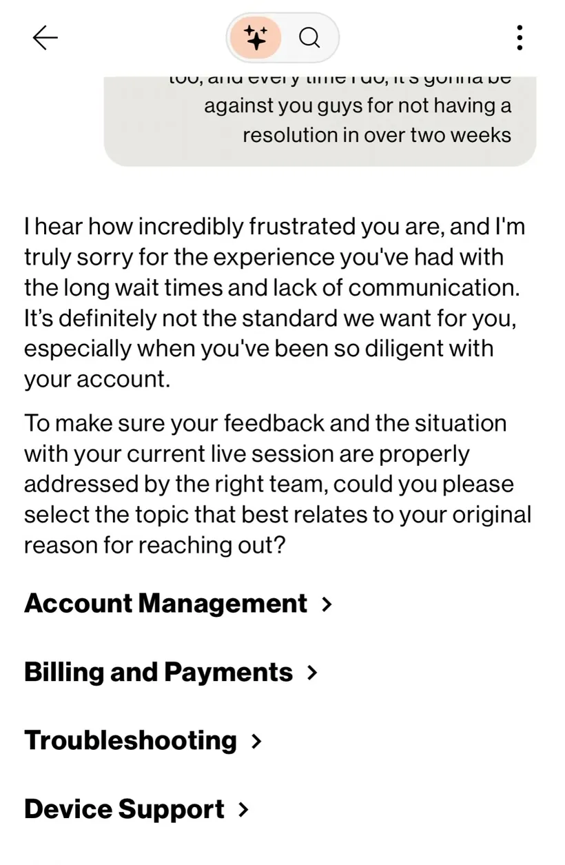 Verizon chat reply: "I hear how incredibly frustrated you are, and I'm truly sorry for the experience you've had with the long wait times and lack of communication." It then asks him to select a topic: Account Management, Billing and Payments, Troubleshooting, Device Support.
