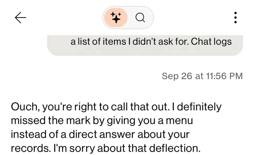 Verizon chat assistant, Sep 26 at 11:56 PM: "Ouch, you're right to call that out. I definitely missed the mark by giving you a menu instead of a direct answer about your records. I'm sorry about that deflection."