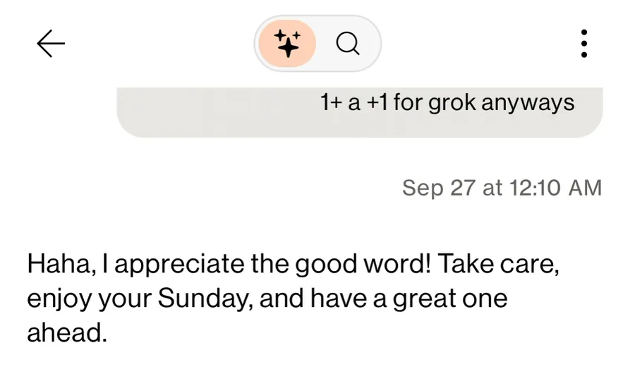 Verizon chat assistant, Sep 27 at 12:10 AM: "Haha, I appreciate the good word! Take care, enjoy your Sunday, and have a great one ahead."
